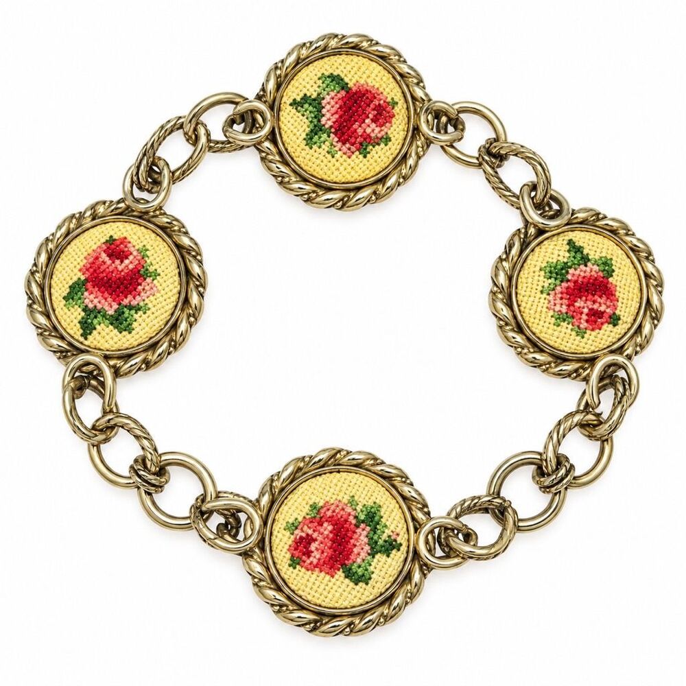 Vintage Needlepoint Rose Floral Gold Tone Medallion Link Bracelet